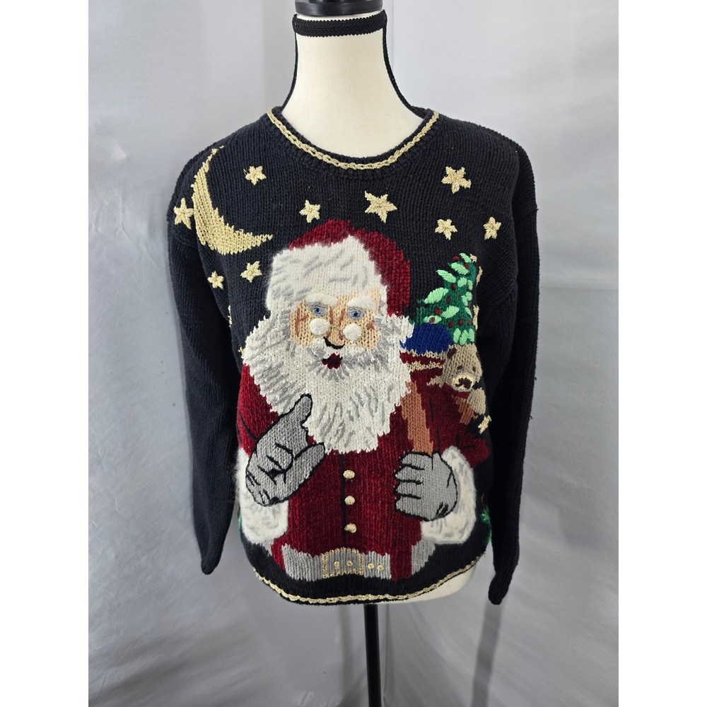 Designers Originals Studio Vintage Santa Christmas Sweater Black Gold Metallic M